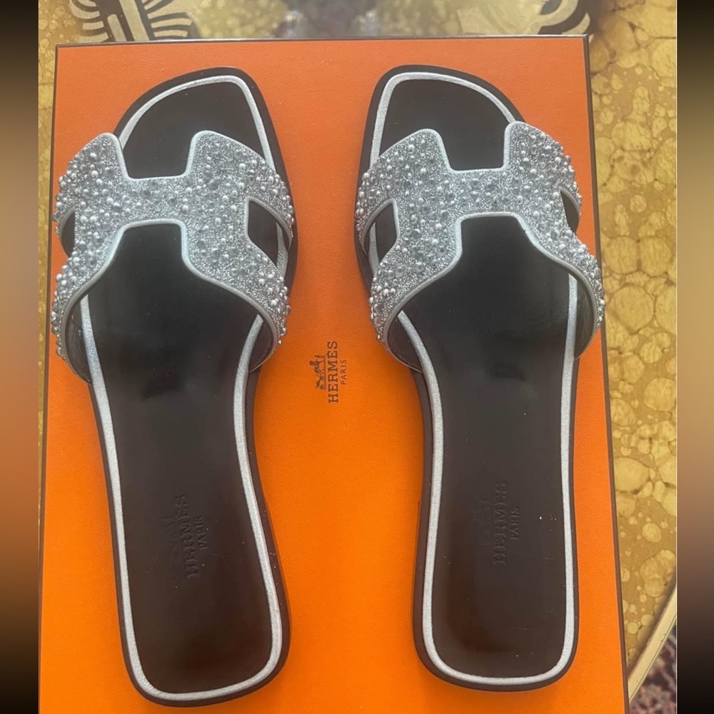 Hermes Black and Silver Embellished Sandals